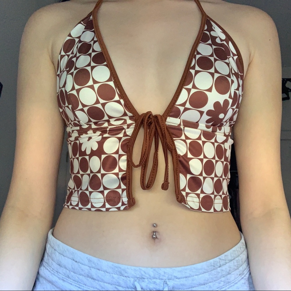 coconut girl patterned y2k flyaway halter top